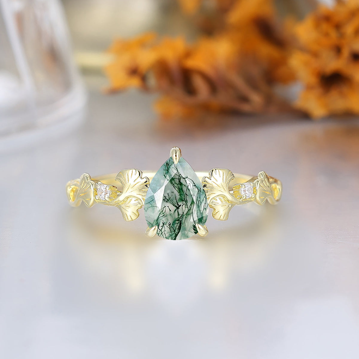 3 Claw Pear Cut Moss Agate Bridal Engagement Ring Ginkgo Leaf Heirloom Wedding Ring For Her