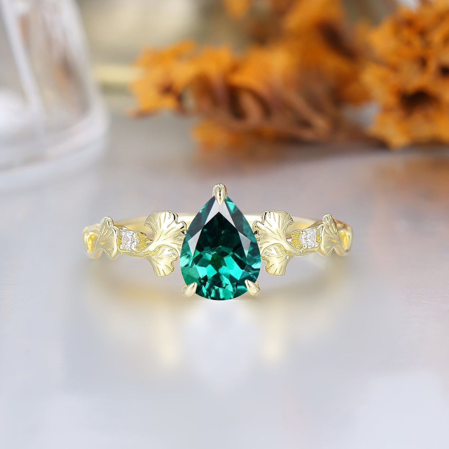 Ginkgo Foliage Pear Cut Emerald Bridal Wedding Ring Elven Heirloom Anniversary Ring For Women