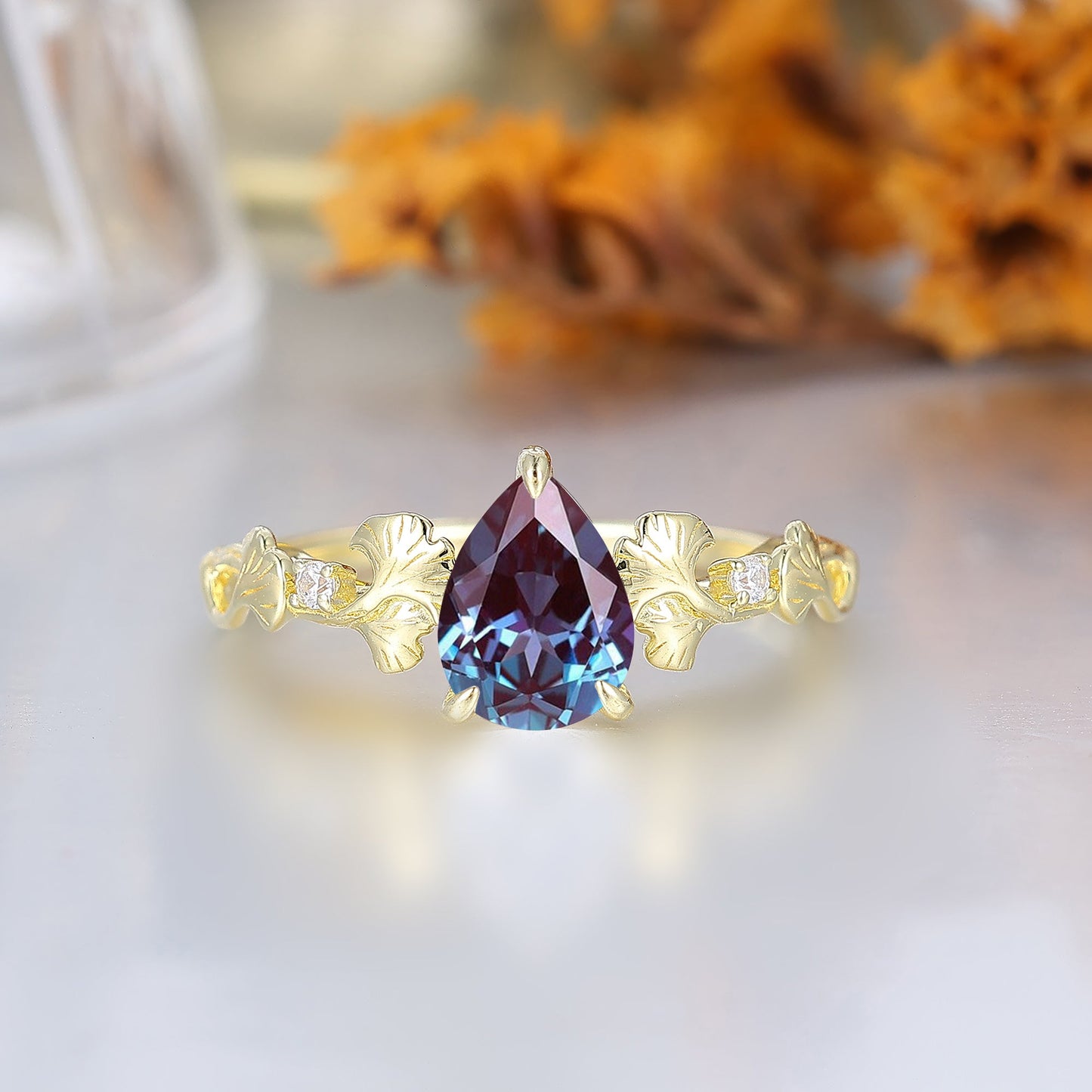 Ginkgo Leaf Sprig Pear Alexandrite Women Engagement Ring Botanical Anniversary Bridal Ring