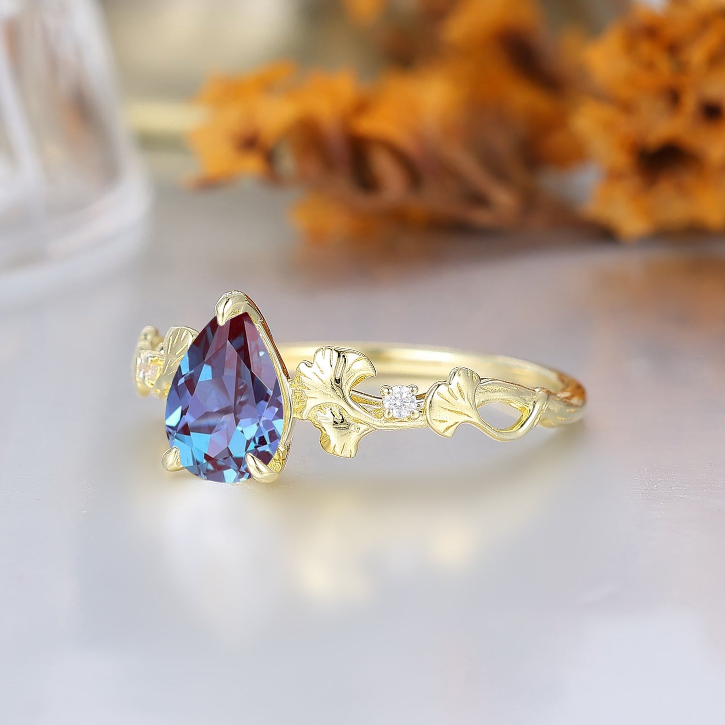 Ginkgo Leaf Sprig Pear Alexandrite Women Engagement Ring Botanical Anniversary Bridal Ring