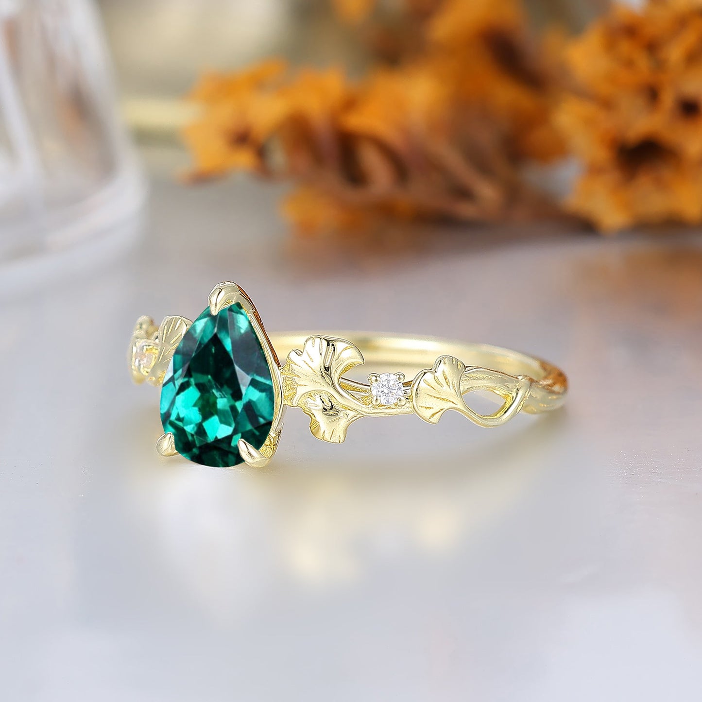 Ginkgo Foliage Pear Cut Emerald Bridal Wedding Ring Elven Heirloom Anniversary Ring For Women