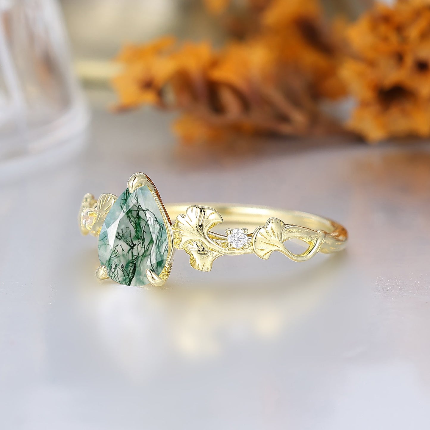 3 Claw Pear Cut Moss Agate Bridal Engagement Ring Ginkgo Leaf Heirloom Wedding Ring For Her