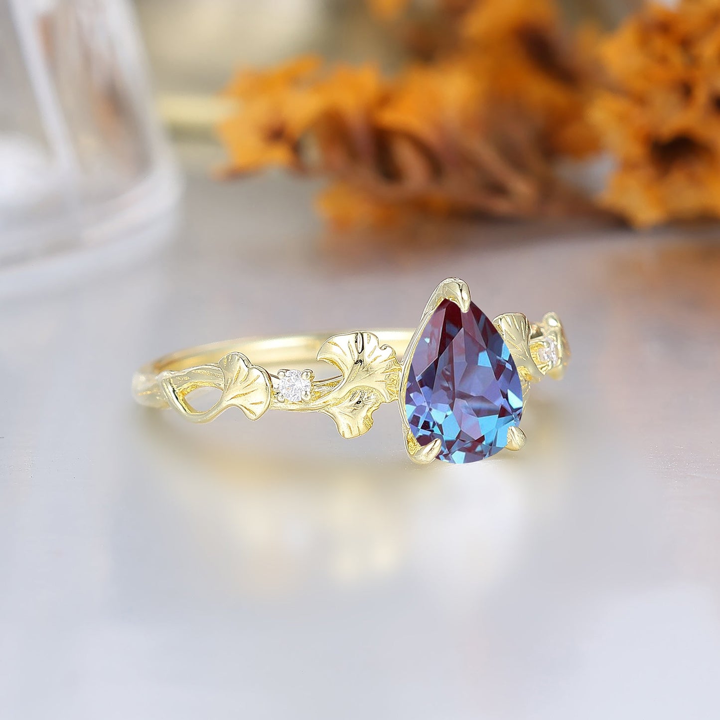 Ginkgo Leaf Sprig Pear Alexandrite Women Engagement Ring Botanical Anniversary Bridal Ring