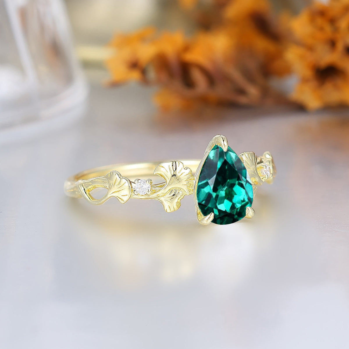 Ginkgo Foliage Pear Cut Emerald Bridal Wedding Ring Elven Heirloom Anniversary Ring For Women