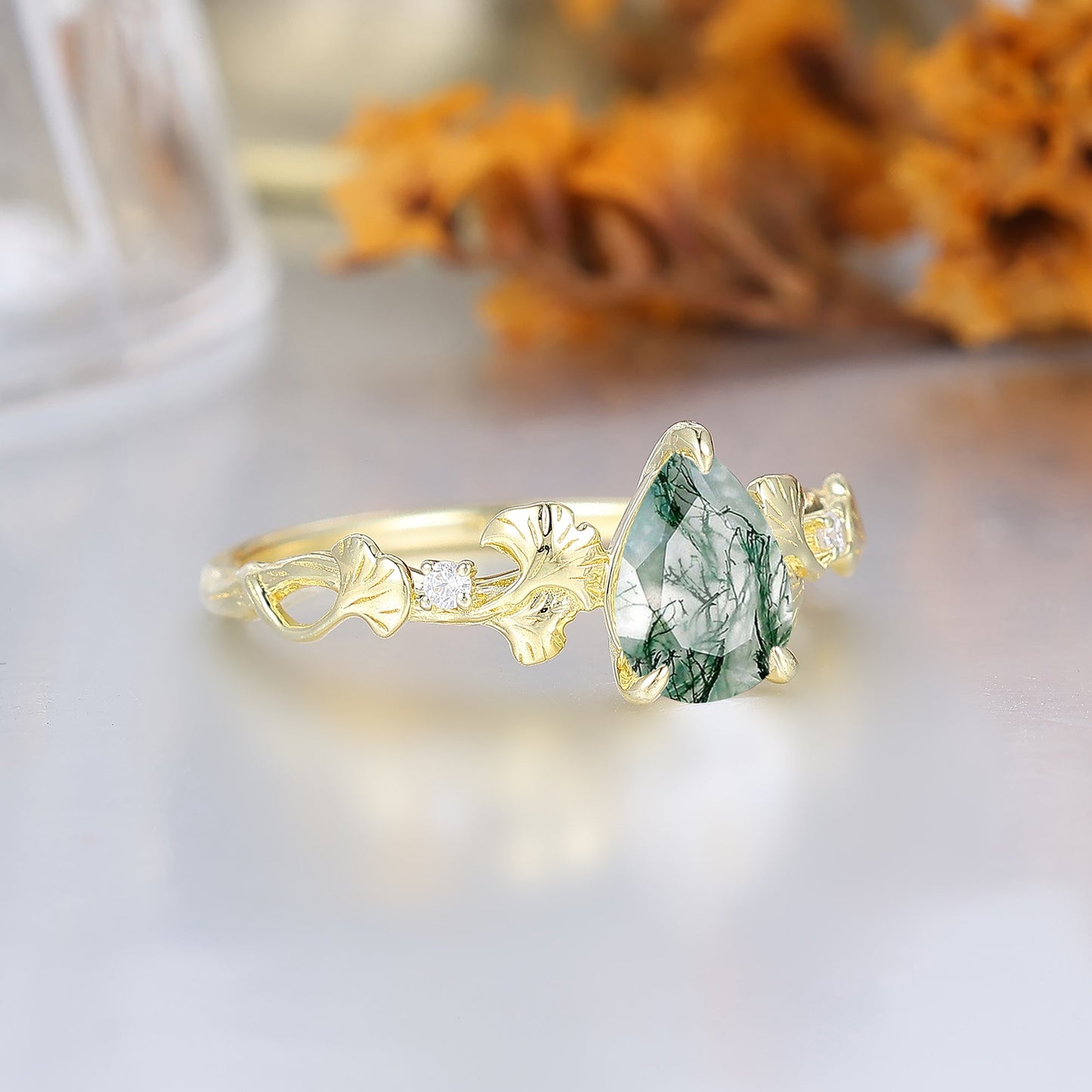 3 Claw Pear Cut Moss Agate Bridal Engagement Ring Ginkgo Leaf Heirloom Wedding Ring For Her