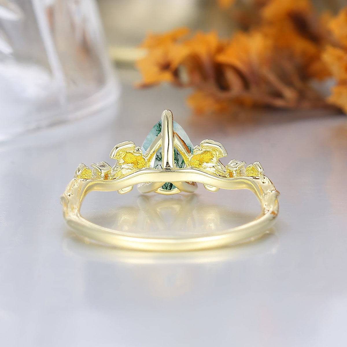 3 Claw Pear Cut Moss Agate Bridal Engagement Ring Ginkgo Leaf Heirloom Wedding Ring For Her