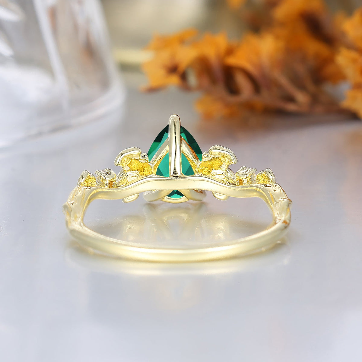 Ginkgo Foliage Pear Cut Emerald Bridal Wedding Ring Elven Heirloom Anniversary Ring For Women