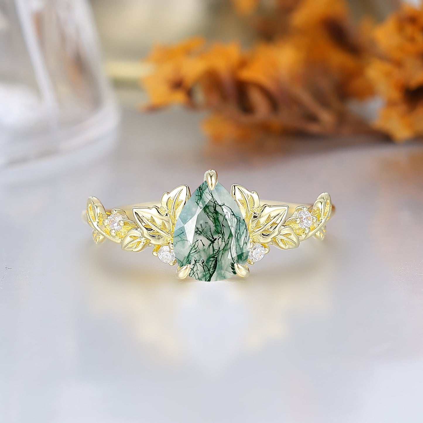Leaf Fairycore Pear Cut Moss Agate Engagement Ring For Her Nature Inspired Women Wedding Ring