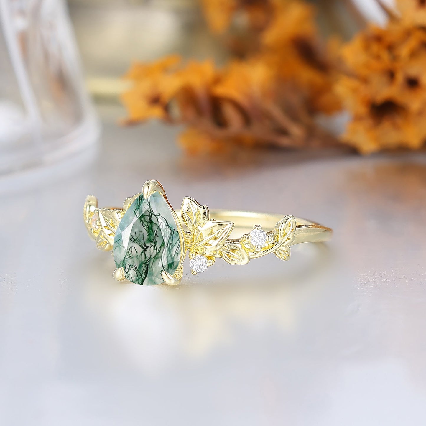 Leaf Fairycore Pear Cut Moss Agate Engagement Ring For Her Nature Inspired Women Wedding Ring