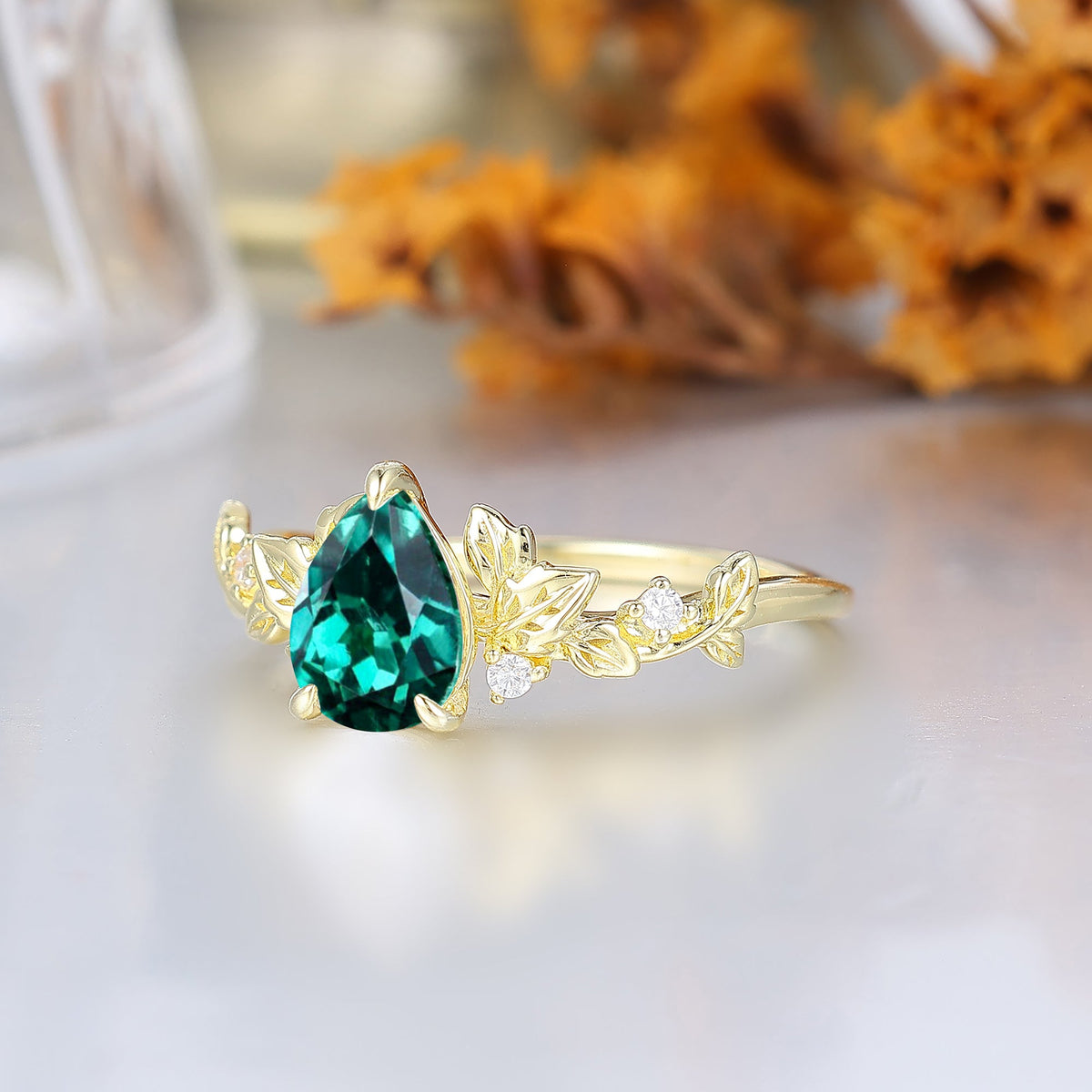 Botanical Pear Shaped Emerald Anniversary Ring For Her Cluster Leaf Style 3 Claw Women Wedding Ring