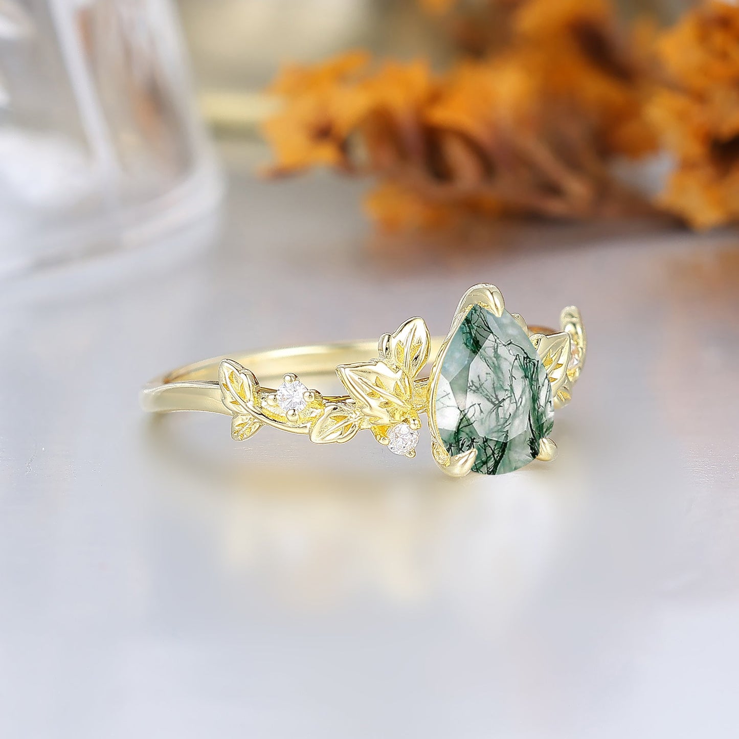 Leaf Fairycore Pear Cut Moss Agate Engagement Ring For Her Nature Inspired Women Wedding Ring