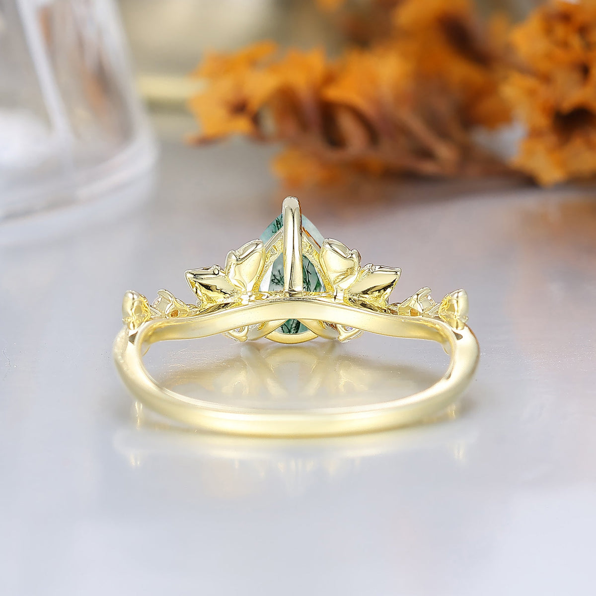Leaf Fairycore Pear Cut Moss Agate Engagement Ring For Her Nature Inspired Women Wedding Ring