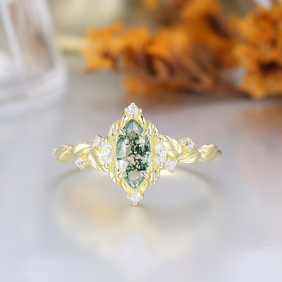 Victorian Foilage Marquise Moss Agate Bridal Ring Enchanted Forest Agate Engagement Ring For Women