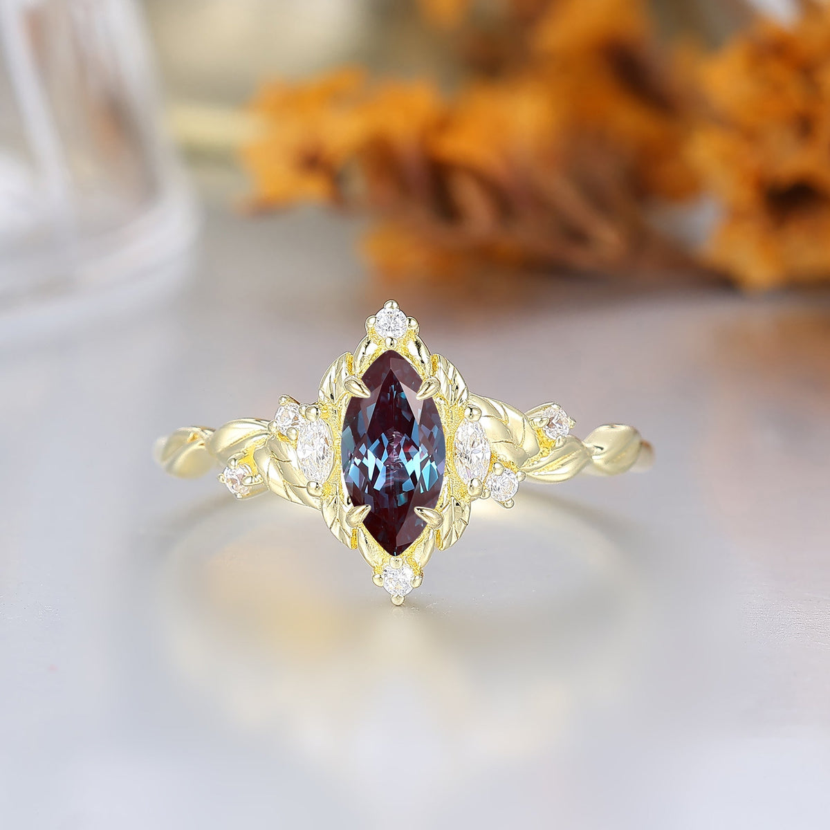 Leaf Halo Marquise Alexandrite Bridal Ring Art Deco Twisted Gold Alexandrite Anniversary Ring