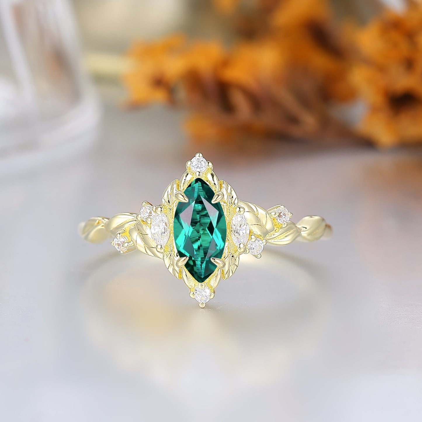 Retro Leaf Cradled Marquise Emerald Women Wedding Ring Noble Claw Prong Emerald Bridal Ring For Her