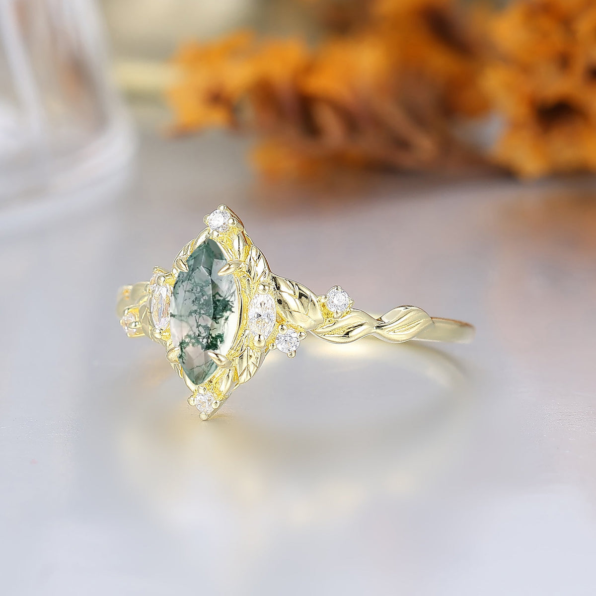 Victorian Foilage Marquise Moss Agate Bridal Ring Enchanted Forest Agate Engagement Ring For Women