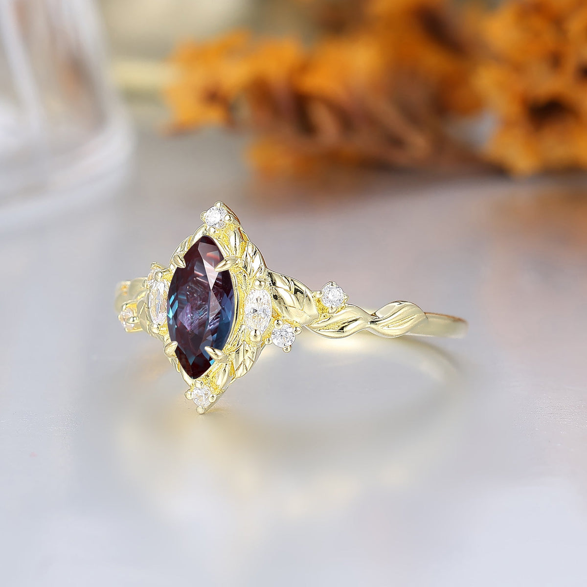 Leaf Halo Marquise Alexandrite Bridal Ring Art Deco Twisted Gold Alexandrite Anniversary Ring