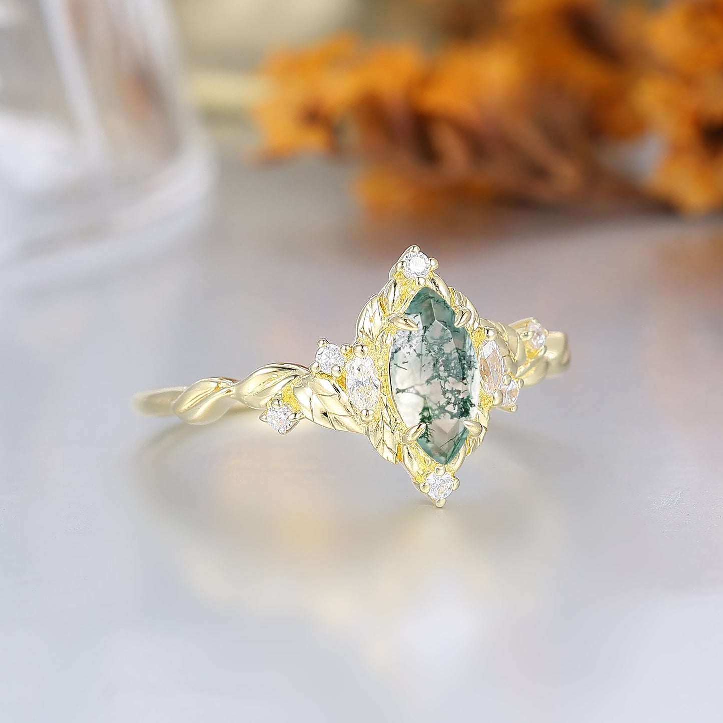 Victorian Foilage Marquise Moss Agate Bridal Ring Enchanted Forest Agate Engagement Ring For Women