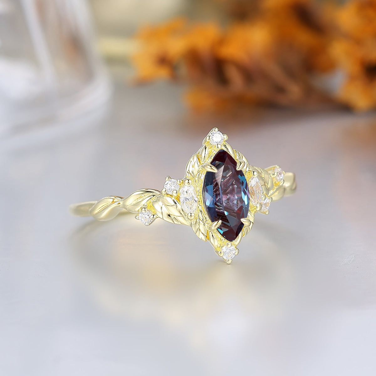 Leaf Halo Marquise Alexandrite Bridal Ring Art Deco Twisted Gold Alexandrite Anniversary Ring