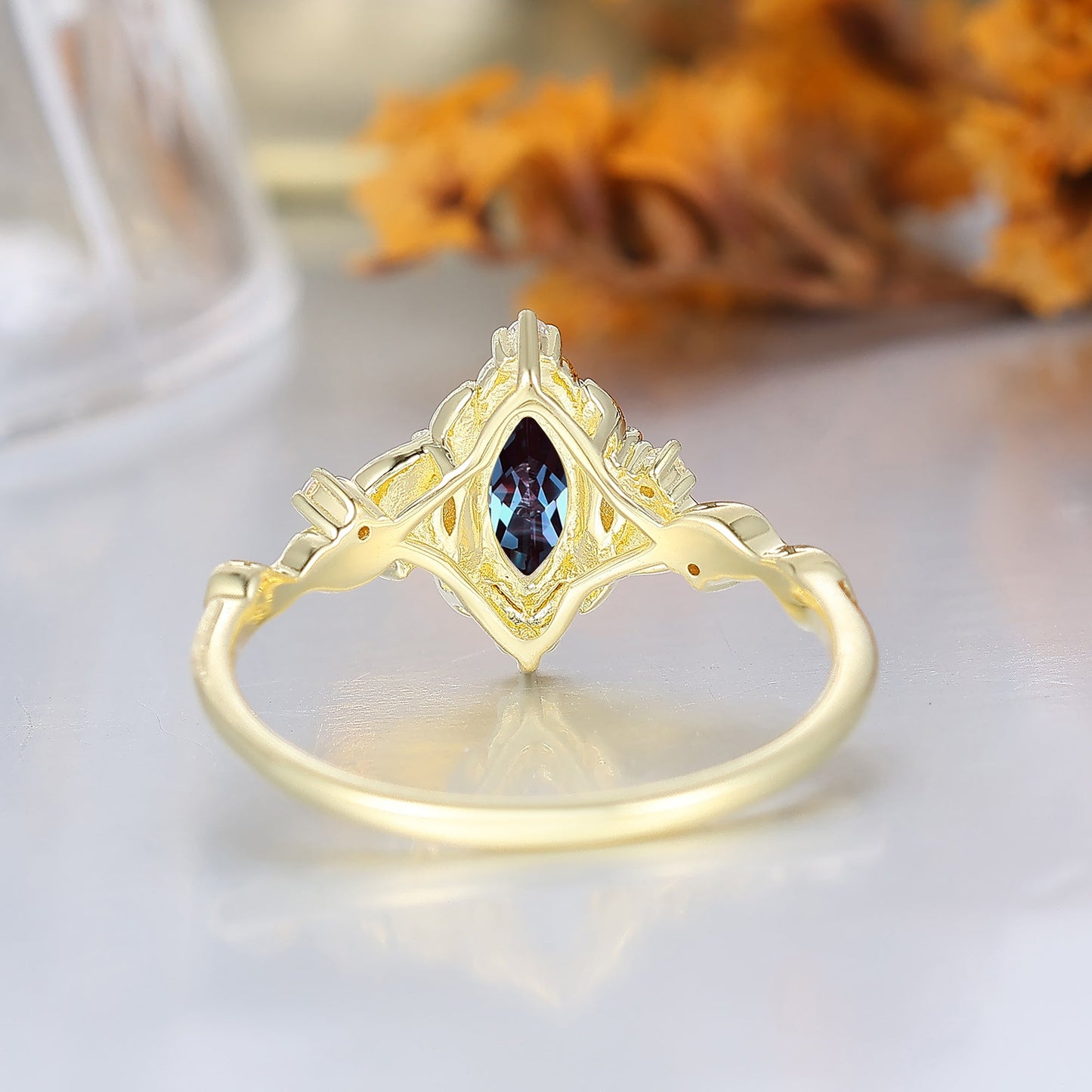 Leaf Halo Marquise Alexandrite Bridal Ring Art Deco Twisted Gold Alexandrite Anniversary Ring