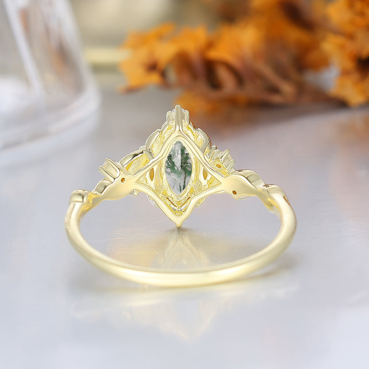 Victorian Foilage Marquise Moss Agate Bridal Ring Enchanted Forest Agate Engagement Ring For Women