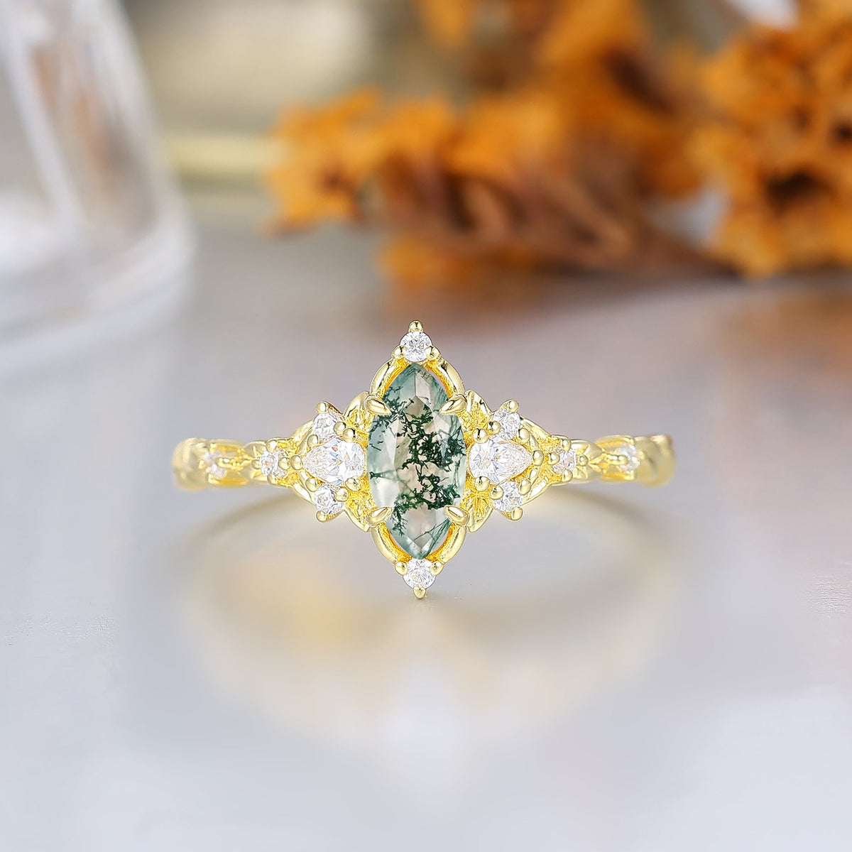 Botanical Halo Marquise Moss Agate Wedding Ring Victorian Leaf Style Engagement Ring For Her