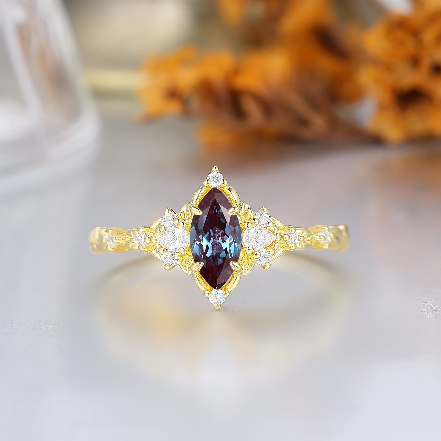Victorian Halo Marquise Alexandrite Wedding Ring Leaf Rope Alexandrite Bridal Anniversary Ring