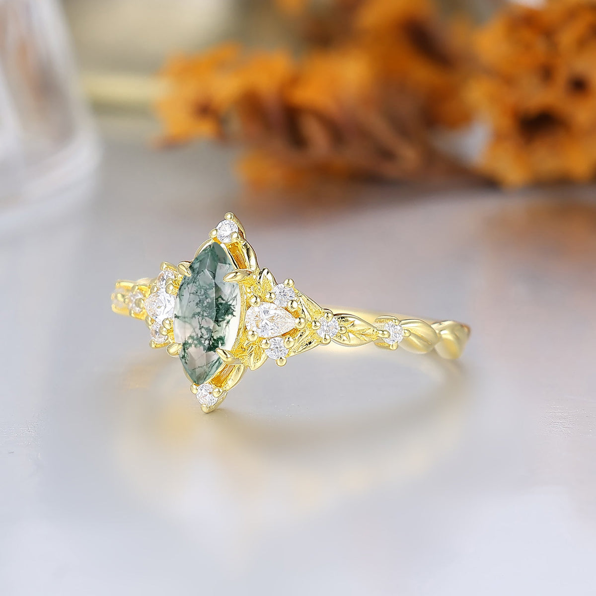 Botanical Halo Marquise Moss Agate Wedding Ring Victorian Leaf Style Engagement Ring For Her