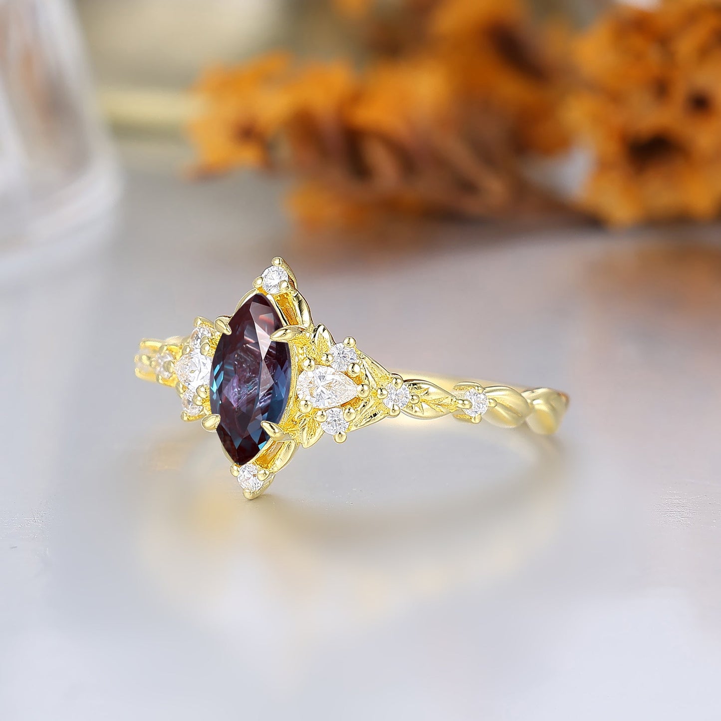 Victorian Halo Marquise Alexandrite Wedding Ring Leaf Rope Alexandrite Bridal Anniversary Ring