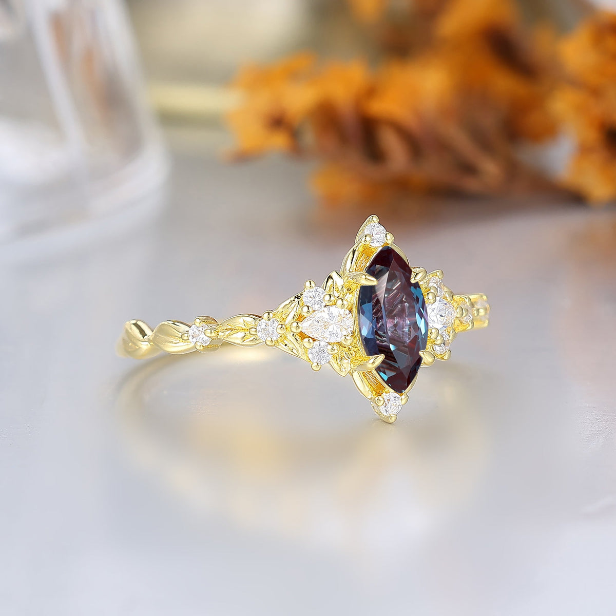 Victorian Halo Marquise Alexandrite Wedding Ring Leaf Rope Alexandrite Bridal Anniversary Ring