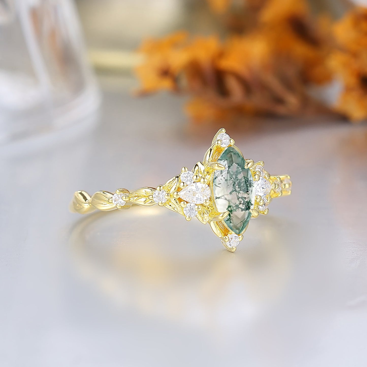 Botanical Halo Marquise Moss Agate Wedding Ring Victorian Leaf Style Engagement Ring For Her