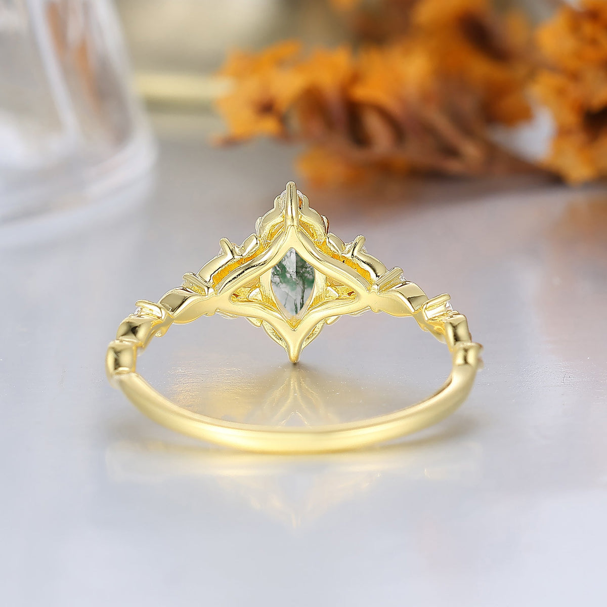 Botanical Halo Marquise Moss Agate Wedding Ring Victorian Leaf Style Engagement Ring For Her