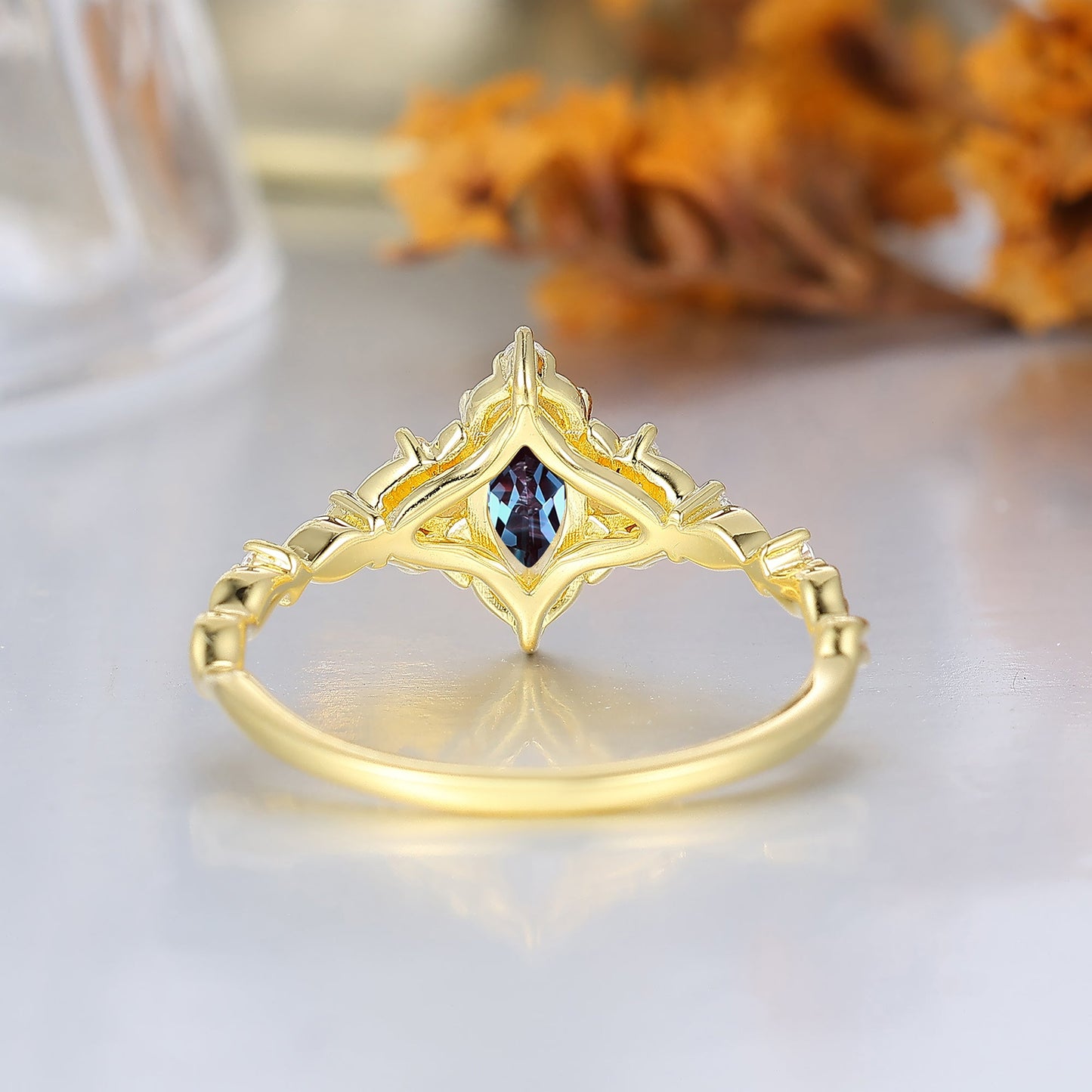 Victorian Halo Marquise Alexandrite Wedding Ring Leaf Rope Alexandrite Bridal Anniversary Ring