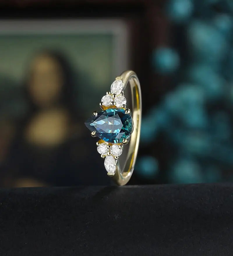 Pear Shaped Teal Sapphire Engagement Ring Yellow Gold Marquise Cut Moissanite Ring Vintage Prong Set Diamond Wedding Ring Promise Anniversary Bridal Ring