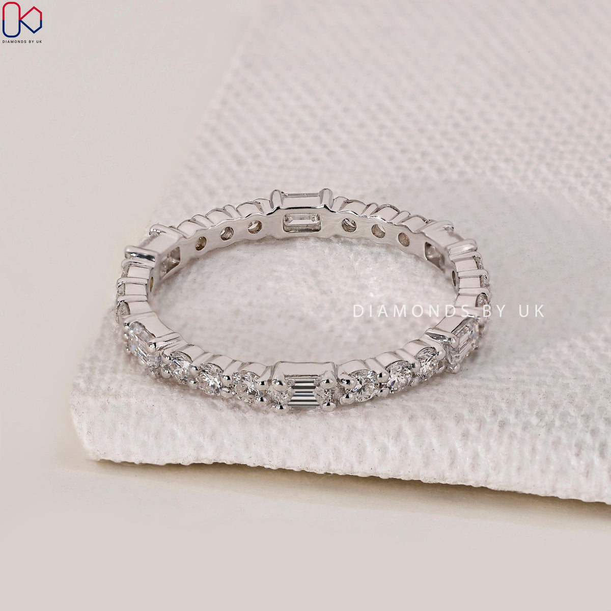 White Gold Eternity Band - Emerald and Round Diamonds