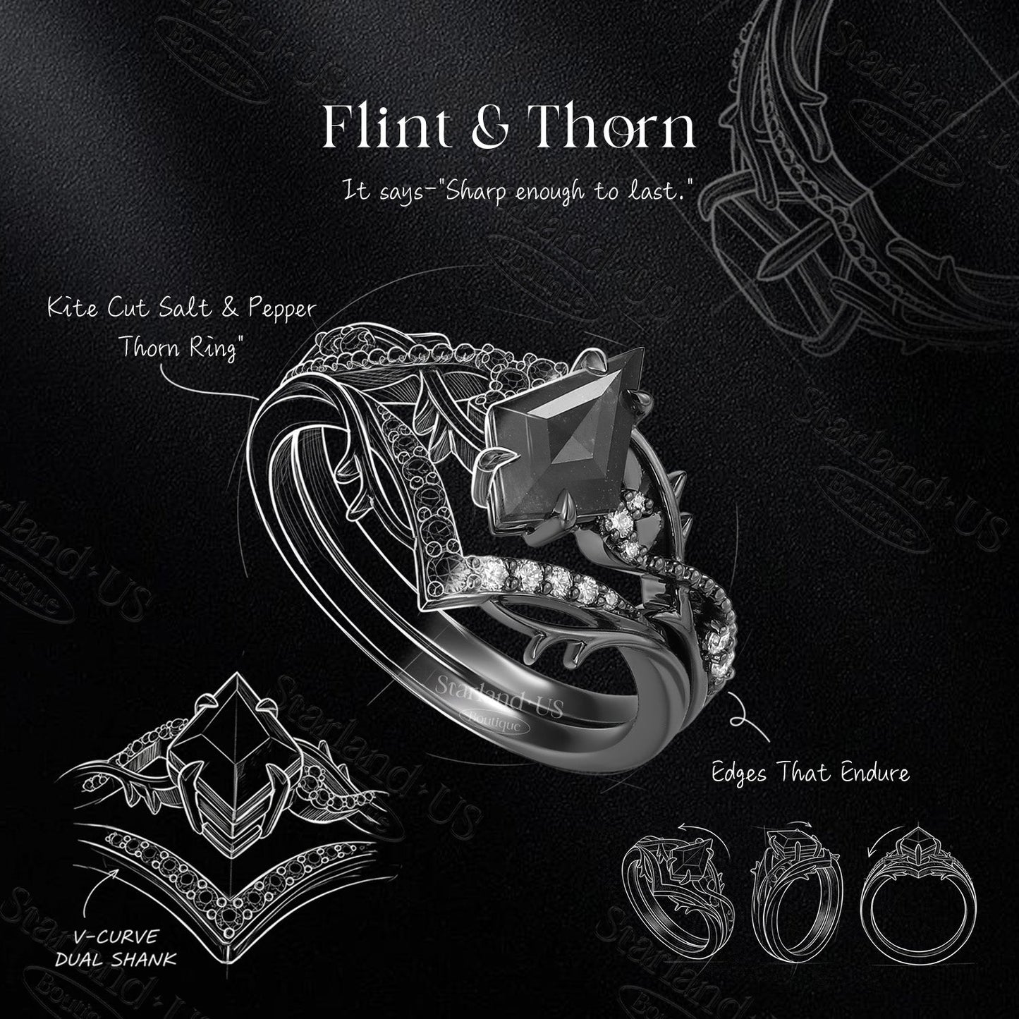 Gothic Nature Inspired Fantasy Carved Kite Lab Pink Sapphire Twisted Vine Engagement Ring Set 2pcs - 'Thorns & Roses'
