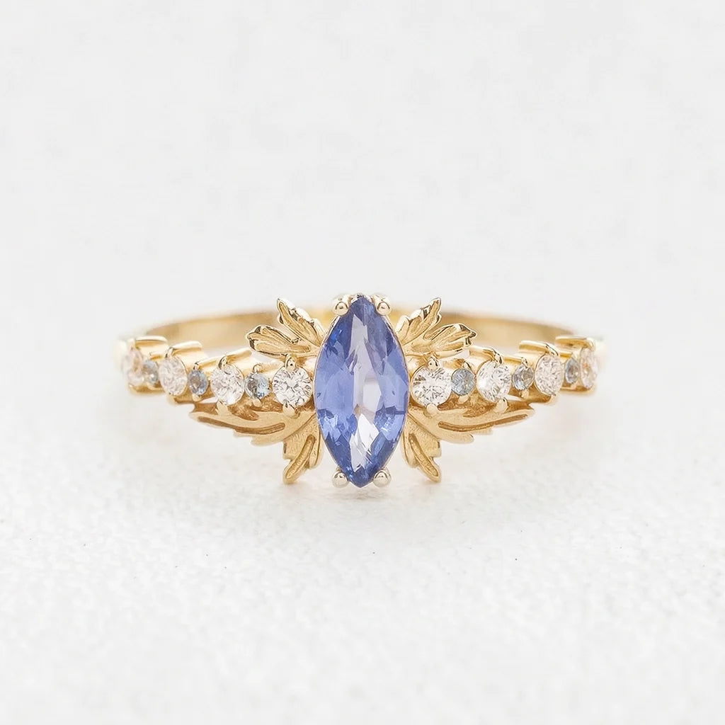 Aurora’s Fairy Wing | Marquise Natural Sapphire Vintage Bridal Set 2pcs