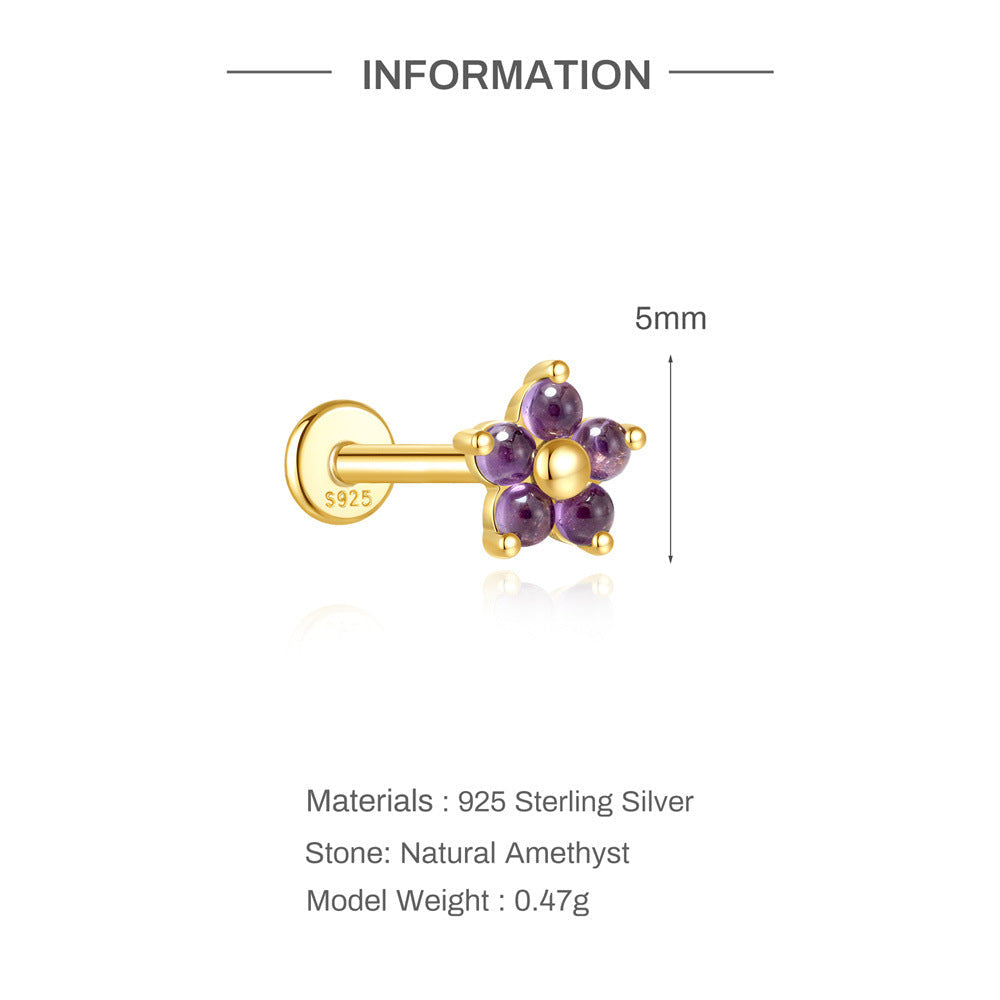 S925 Sterling Silver Natural Amethyst Geometric Cartilage Earring 16G Flat Back Earrings