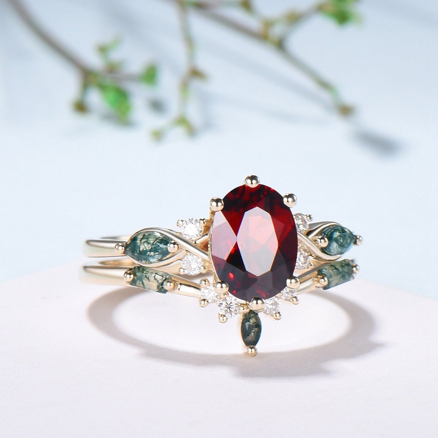 Vintage Oval Garnet Engagement Ring Set, Accent Marquise Moss Agate Yellow Gold Bridal Ring