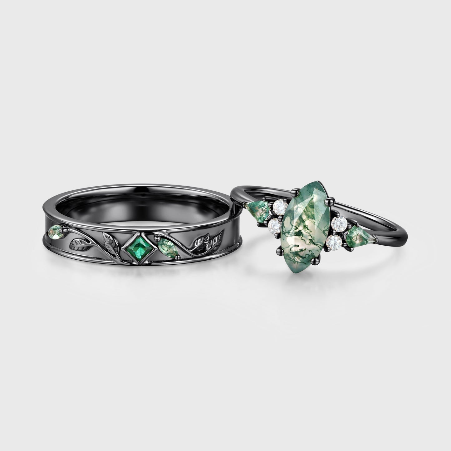 Forever Glow Moss Agate Couple Rings | Rose Gold Leaf Wedding Bridal Set