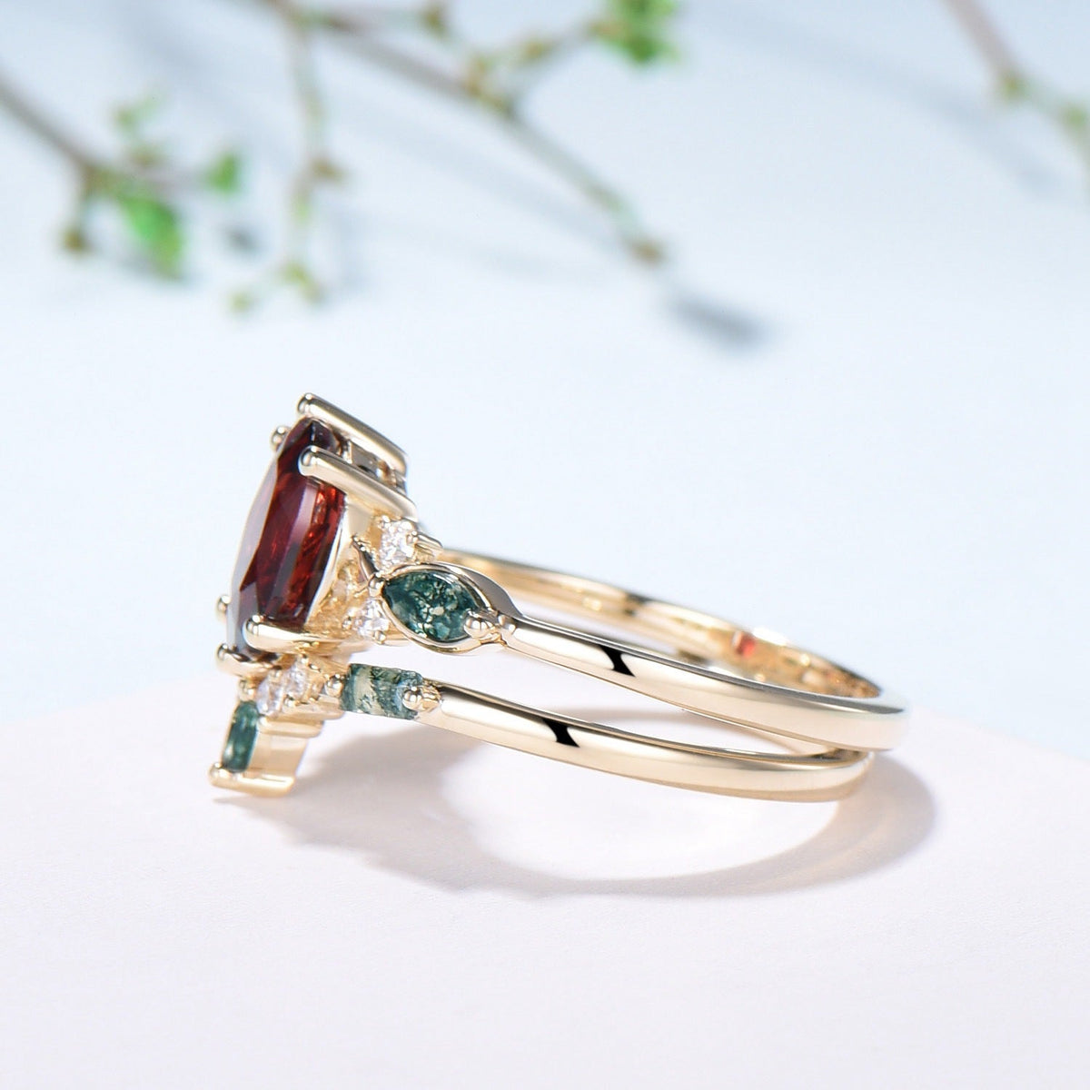 Vintage Oval Garnet Engagement Ring Set, Accent Marquise Moss Agate Yellow Gold Bridal Ring