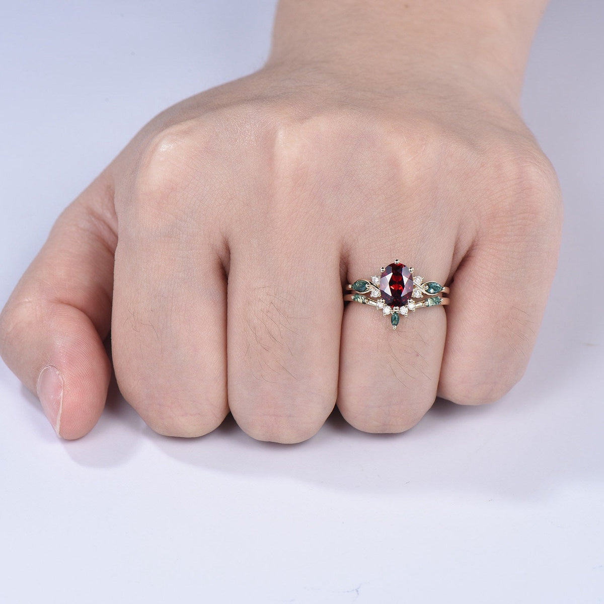 Vintage Oval Garnet Engagement Ring Set, Accent Marquise Moss Agate Yellow Gold Bridal Ring