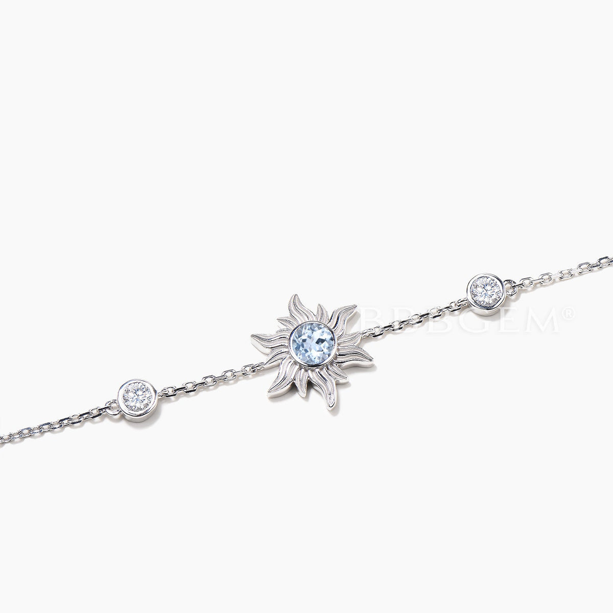 Round Cut Natural Aquamarine Sun Bezel Bracelet Moissanite Wedding Bracelet