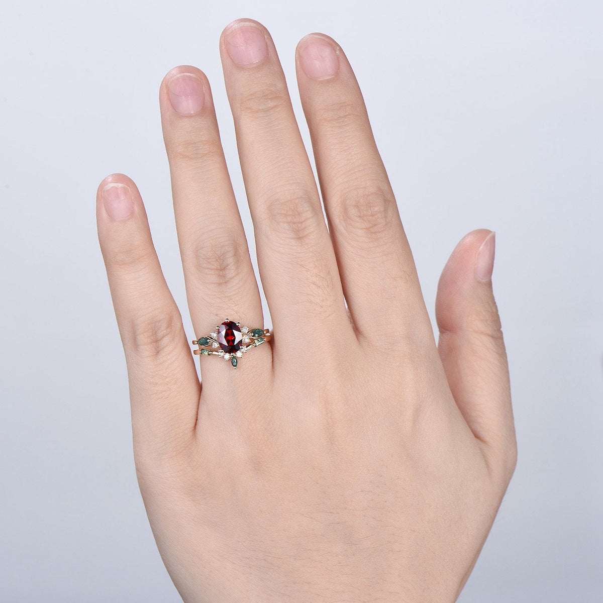 Vintage Oval Garnet Engagement Ring Set, Accent Marquise Moss Agate Yellow Gold Bridal Ring
