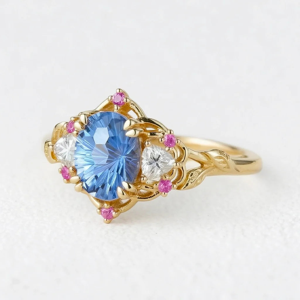 Audrey Three-Stone Sparkle Cut Sapphire Engagement Ring