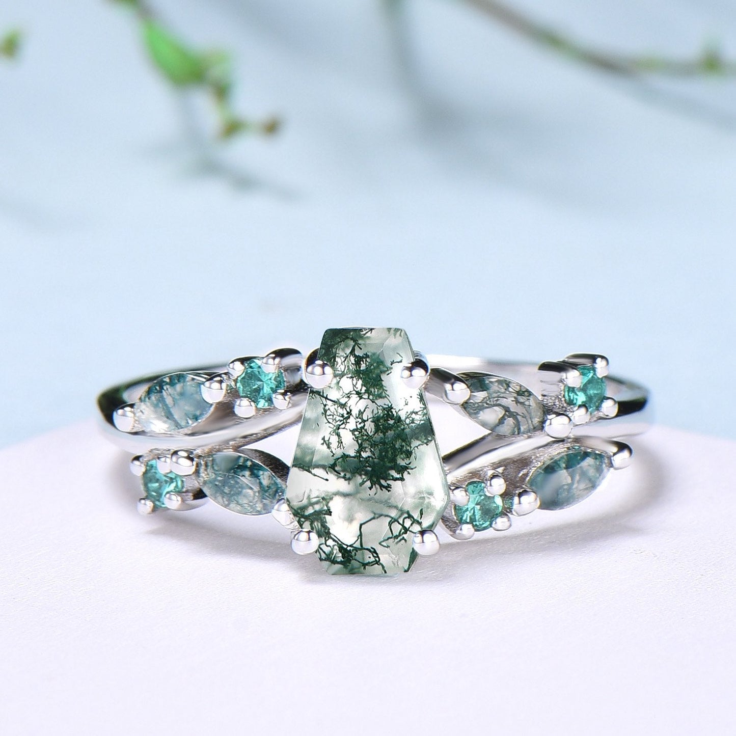 Unique Coffin Cut Moss Agate Ring Split Shank Engagement Ring Cluster Emerald Agate Wedding Ring MARRIED TILL BURIED Green Promise Ring Gift