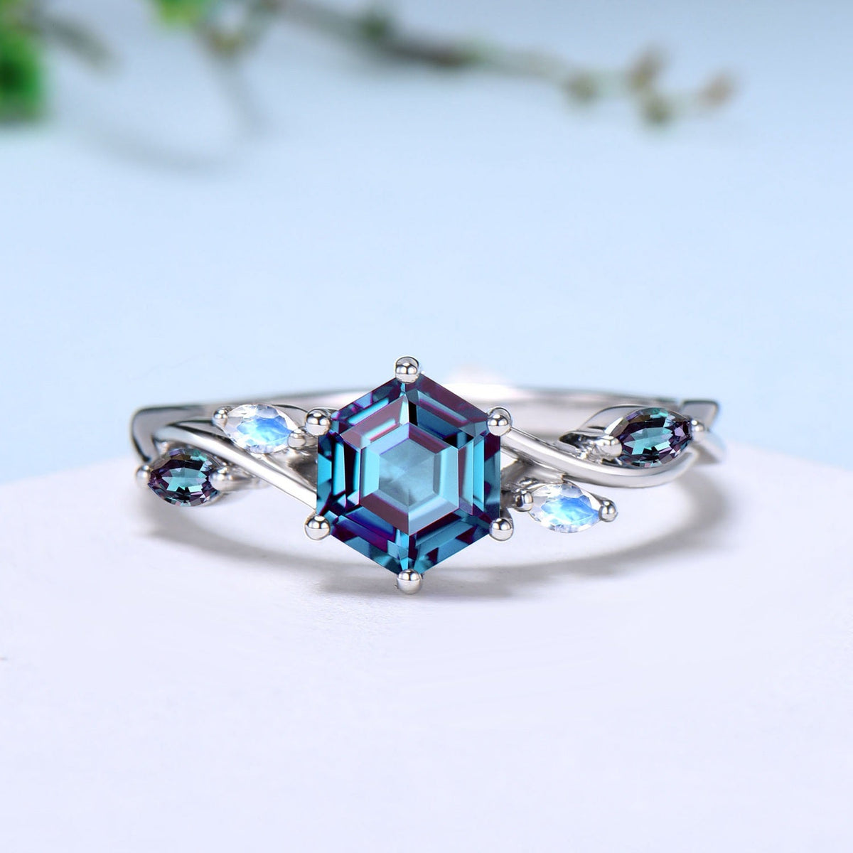 Vintage Hexagon cut Alexandrite engagement ring five stone marquise moonstone wedding ring June birthstone split shank anniversary ring gift
