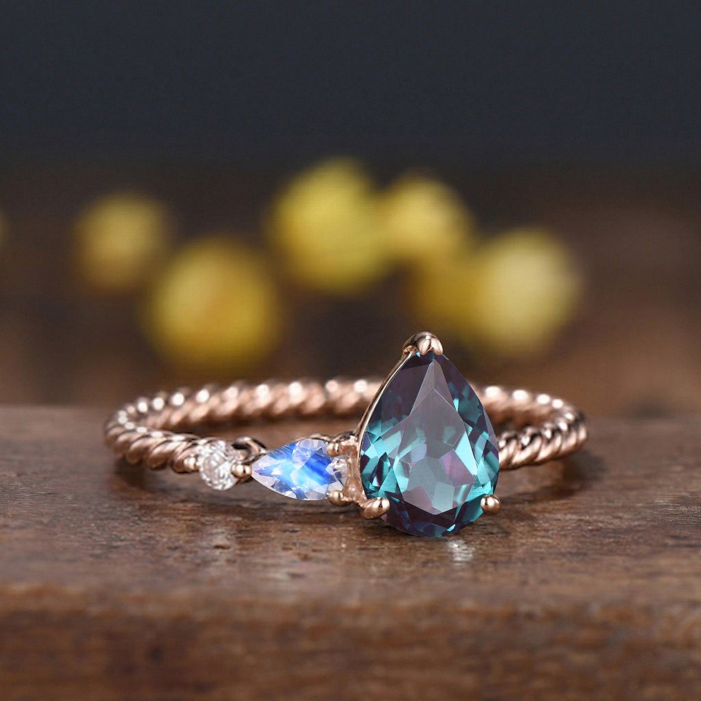 Vintage Alexandrite Moonstone Engagement Ring, 14k Rose Gold Twisted Band, Three Stone Promise Ring