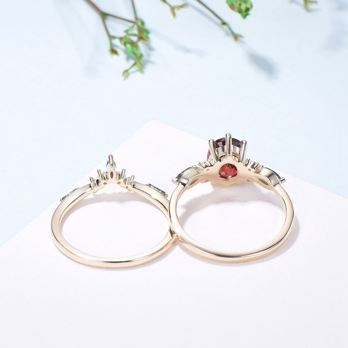 Vintage Oval Garnet Engagement Ring Set, Accent Marquise Moss Agate Yellow Gold Bridal Ring