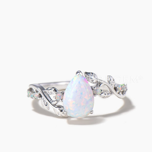 Teardrop Cut White Opal Twisted Engagement Ring Opal Leaf Nature Inspired Ring